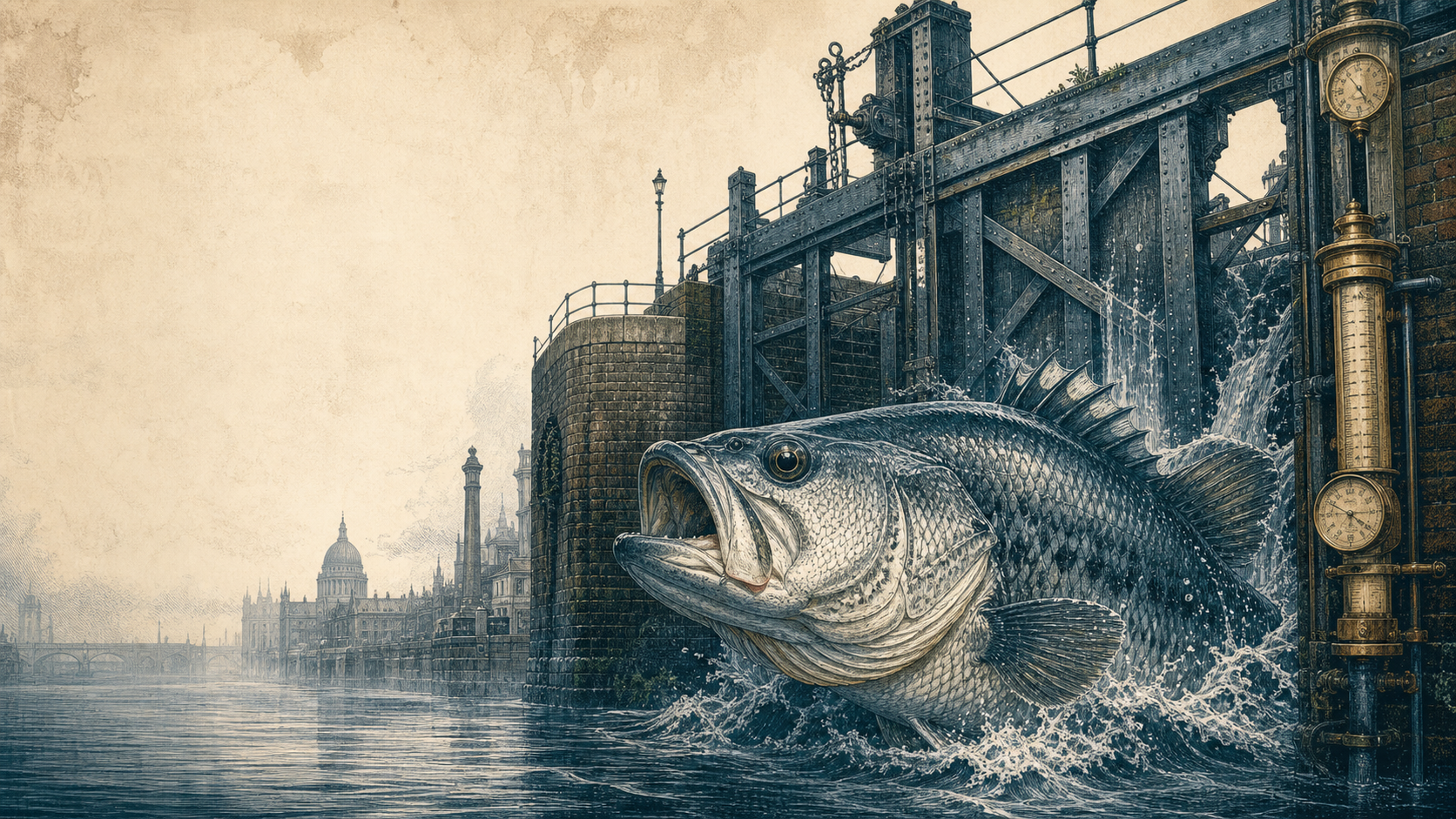 Engraved bass beside a Victorian Thames lock